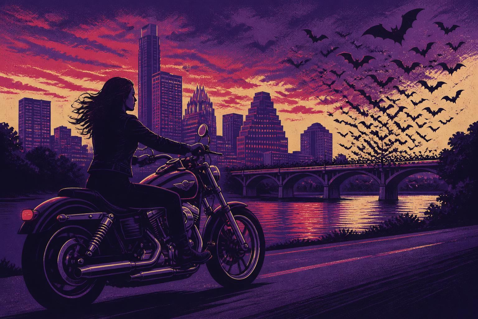 Illustration of Liz riding her Harley past the Austin skyline as the bats take flight